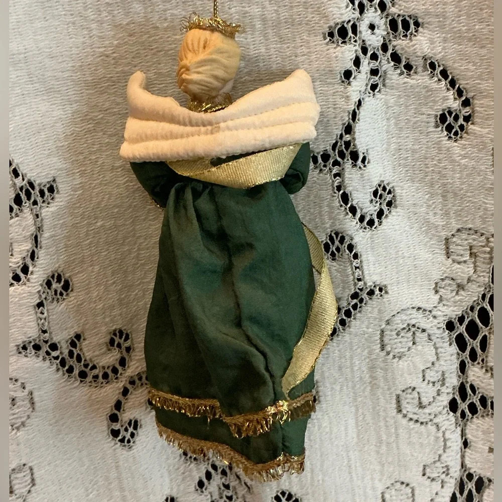 Vintage Porcelain Fabric Angel Christmas Ornament Green Gold 6”